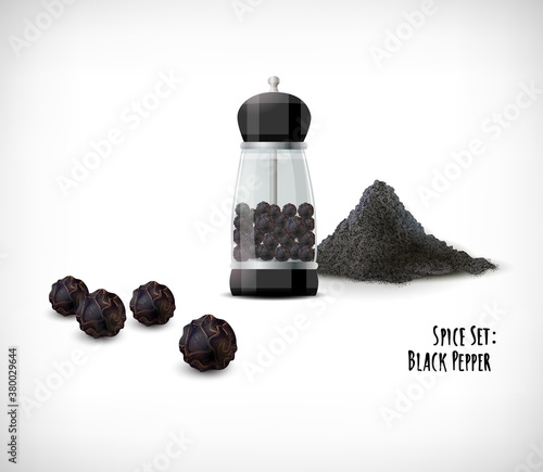 Pepper grinder with whole and ground black peppercorns. Lettering Spice Set, Black Pepper. Spice Herb collection on vignette background. Realistic vector illustration.