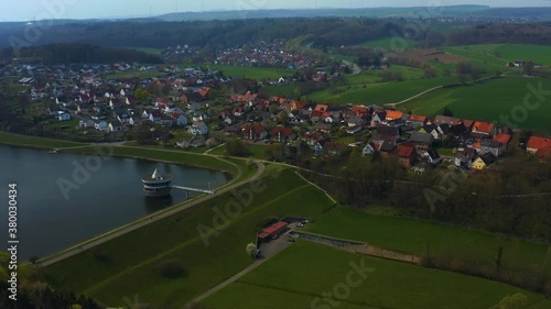 Aerial view of Wetterburg beside the Twistestausee in Hessen, Germany in early spring. photo