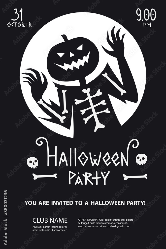 Halloween party poster invitation with silhouette of ghost Jack in minimalist black and white style. Good for typography print. Two colors vector illustration art poster, invite, greeting card flyer