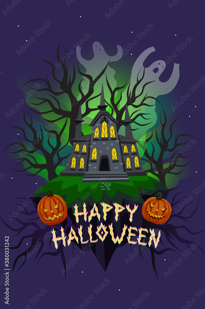 Φωτογραφία Halloween greeting card with haunted house and hand drawn lettering title - Happy Halloween