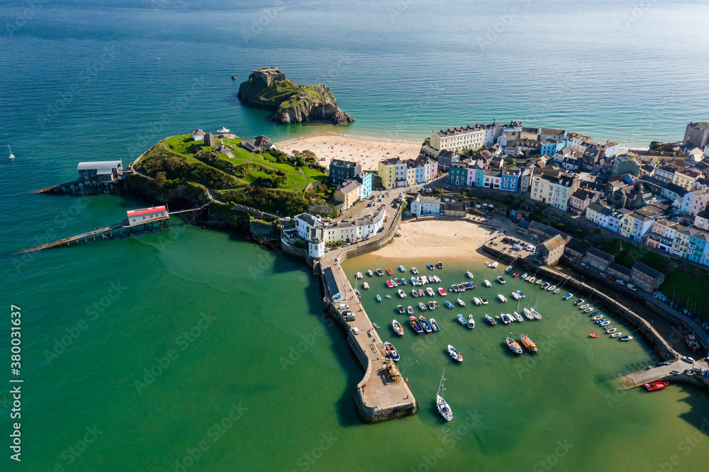Aerial view of the harbour and colorful buildings in the Welsh tourist town of Tenby