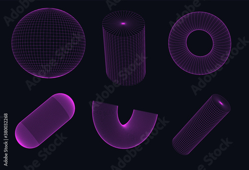 Set of 3d solids made of grid: torus, cylinder, sphere. Collection of vector elements in futuristic sci-fi style.