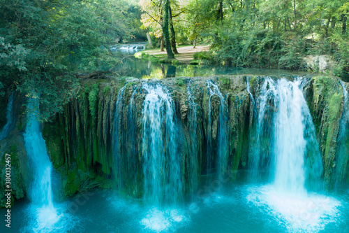 waterfall produced by the river elsa in the fluvial park of colle di val d elsa tuscany italy