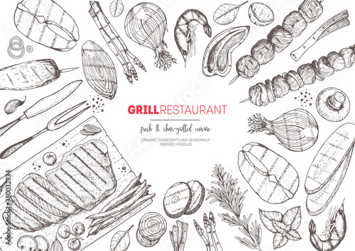 Grilled meat and vegetables top view frame. Vector illustration. Engraved design. Hand drawn illustration. Grill restaurant menu design template.