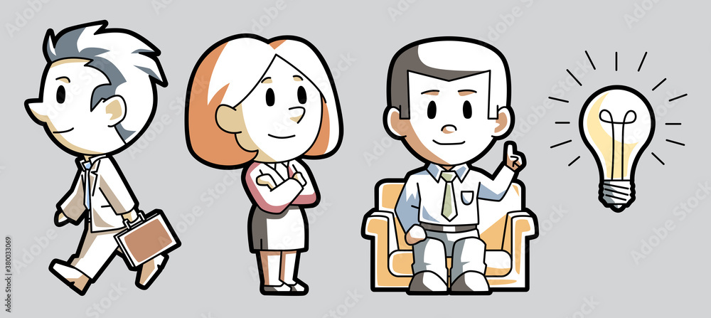 Set of cartoon business people and office workers with lightbulb Set of cartoon business people and office workers with lightbulb