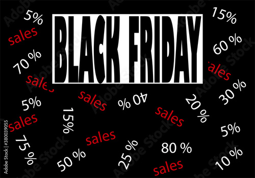 Black Friday , descuentos y rebajas desde el 5% al 80% con texto negro, rojo y blanco