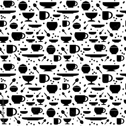 Seamless pattern with tea and coffee utensils. Black Silhouettes of cups, spoons, saucers on a white background. Vector illustration in flat style
