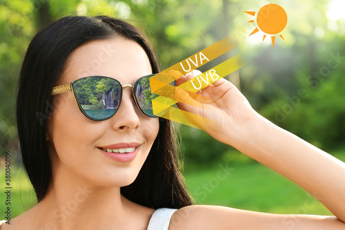 Woman wearing sunglasses outdoors. UVA and UVB rays reflected by lenses, illustration photo