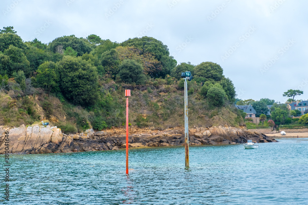 Ile de Brehat, France - August 27, 2019: Coastal landscape at picturesque Ile de Brehat island in Cotes-d'Armor department of Brittany, France Ile de Brehat, France - August 27, 2019: Coastal landscape at picturesque Ile de Brehat island in Cotes-d'Armor department of Brittany, France