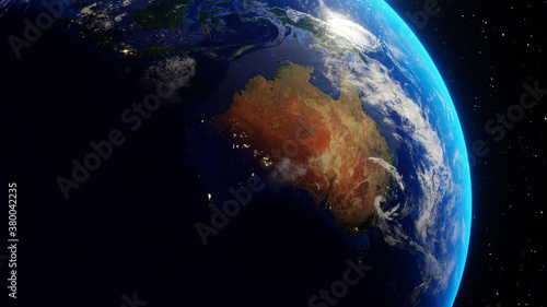 Continent of Australia seen from space. Transition from night to day