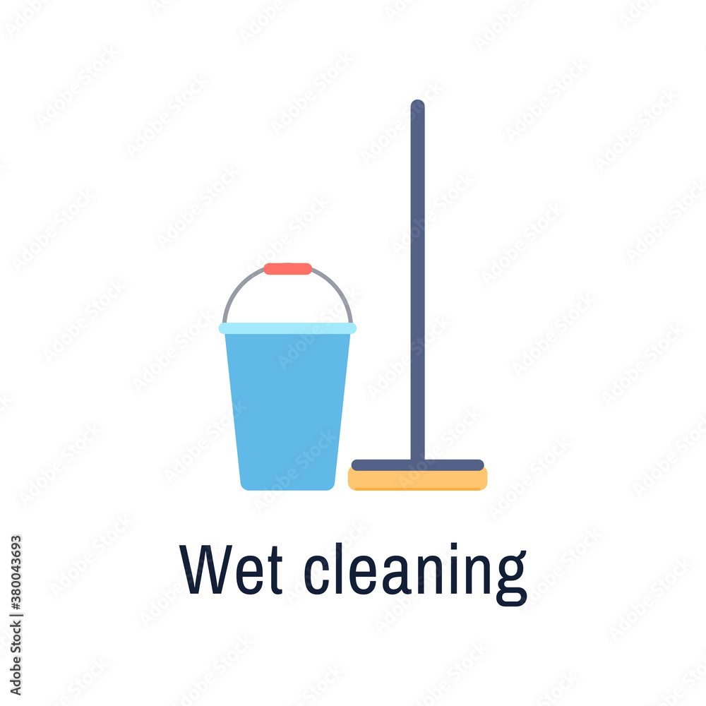 Bucket and mop flat icon isolated on white background. Cleaning service housework tools. Brush pail for floor washing. Wet cleaning logo or symbol. Housekeeping hygiene vector illustration. Bucket and mop flat icon isolated on white background. Cleaning service housework tools. Brush pail for floor washing. Wet cleaning logo or symbol. Housekeeping hygiene vector illustration.