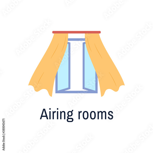 Fresh air flat icon isolated on white background. Open window with blown yellow curtains indoor view. Airing room concept design. Flu virus coronavirus infection prevention tip. Vector illustration.