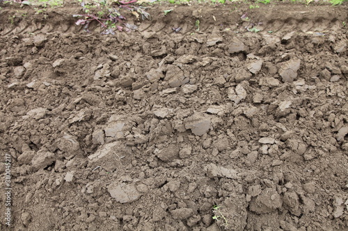 Gray brown ploughed ground dry field with tractor track on edge — soil cultivation, rustic agricultural texture for background