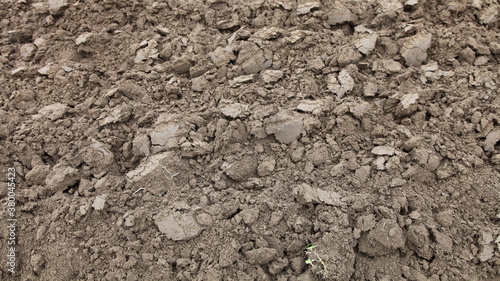 Dry brown ploughed cultivated soil, farming land ground texture background 
