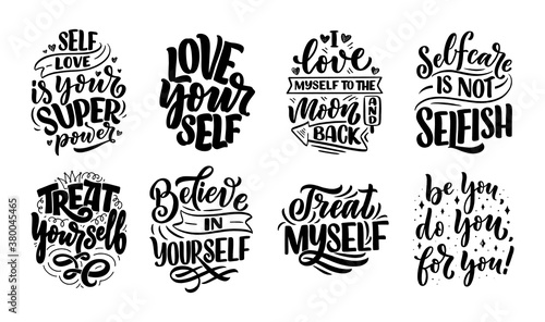 Set with selfcare lettering quotes for blog or sale. Time to something nice. Beauty, body care, premium cosmetics, delicious, ego. Modern calligraphy. Vector design prints