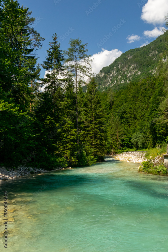 Triglavska Bistrica trail with beautiful, turquoise river and lush forests.