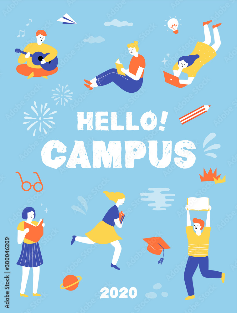 Student characters showing various activities on campus life. knowledge, relaxation, education, Information, university concept. Young people with gadgets and books. illustration vector flat design