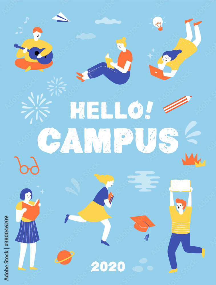 Student characters showing various activities on campus life. knowledge, relaxation, education, Information, university concept. Young people with gadgets and books. illustration vector flat design Student characters showing various activities on campus life. knowledge, relaxation, education, Information, university concept. Young people with gadgets and books. illustration vector flat design