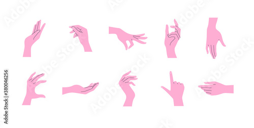 Hand gestures in different positions. hands showing and pointing, holding and representing. hands vector set. flat design illustration