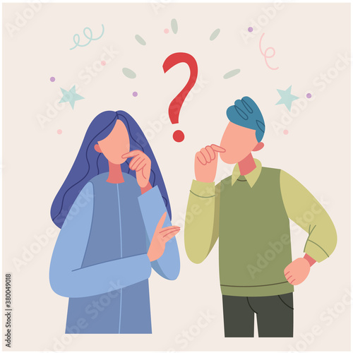  Thinking couple. Thoughtful man and woman, confused troubled question and people finding answer. People with question marks thinking and touching chin while looking aside illustration.  