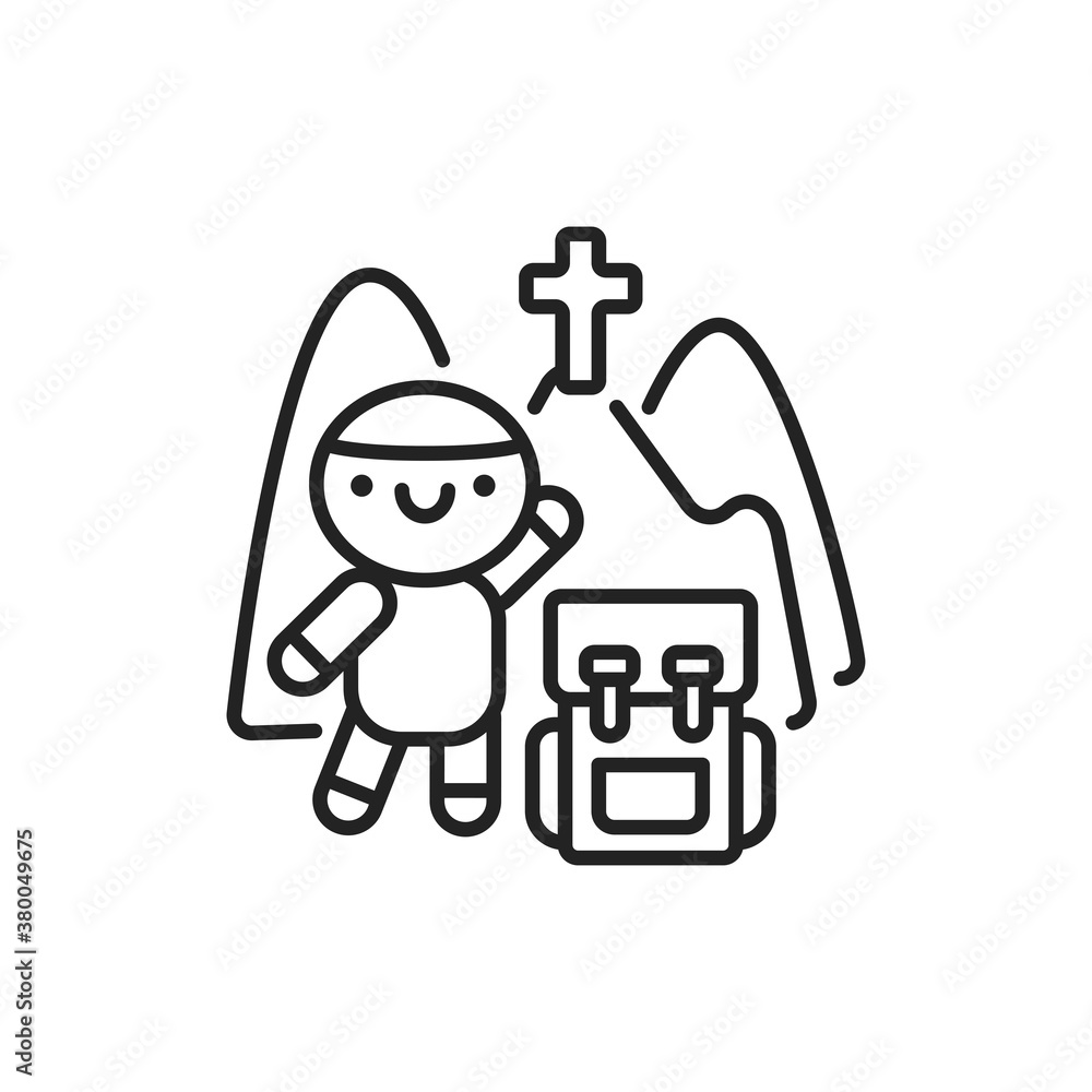 Pilgrimage line black icon. Cute character with backpack kawaii pictogram. Sign for web page, mobile app, button, logo. Vector isolated element. Editable stroke Pilgrimage line black icon. Cute character with backpack kawaii pictogram. Sign for web page, mobile app, button, logo. Vector isolated element. Editable stroke
