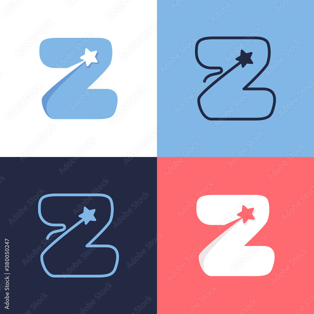 Z letter logo set consisting of comet tail and negative space star icon. Z letter logo set consisting of comet tail and negative space star icon.