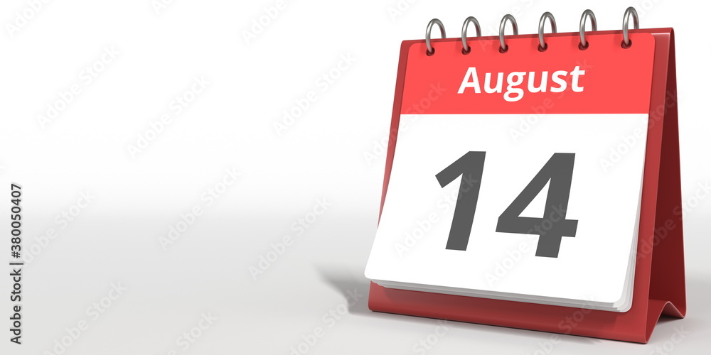 August 14 date on the flip calendar page, 3d rendering August 14 date on the flip calendar page, 3d rendering