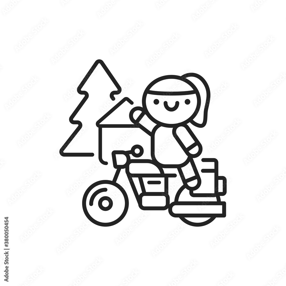 Cute girl on motorcycle line black icon. Outdoor activities kawaii pictogram. Sign for web page, mobile app, button, logo. Vector isolated element. Editable stroke. Cute girl on motorcycle line black icon. Outdoor activities kawaii pictogram. Sign for web page, mobile app, button, logo. Vector isolated element. Editable stroke.