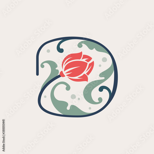 Floral botanical letter D logo made of line, leaves and flower.