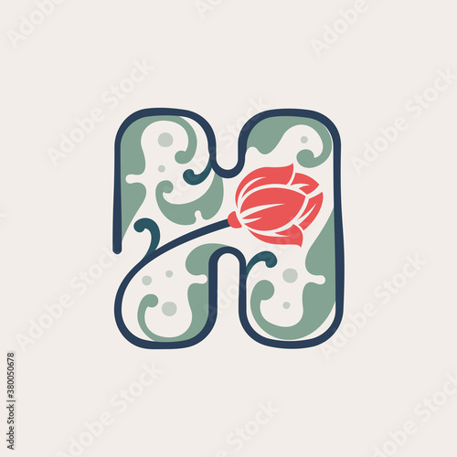 Floral botanical letter H logo made of line, leaves and flower.