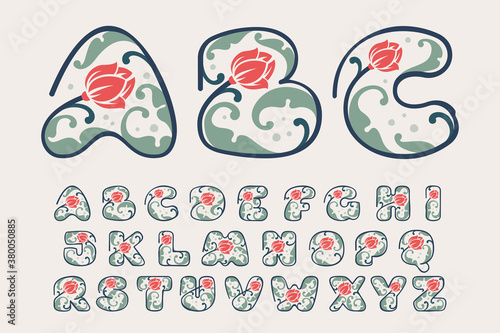 Floral botanical alphabet made of line, leaves and flower.