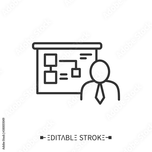 Workshop presentation line icon. The speaker presented a workshop. Lecturer near board with presentation. Motivational, educational, training or course. Isolated vector illustration. Editable stroke 
