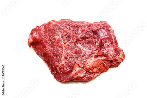 Ramp steak of raw marbled beef lies on a white background, isolated.