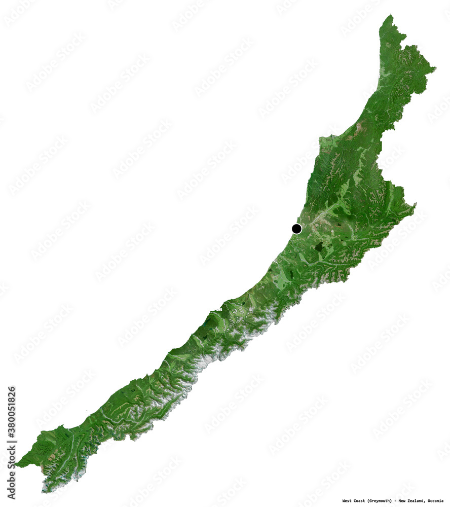 West Coast, regional council of New Zealand, on white. Satellite