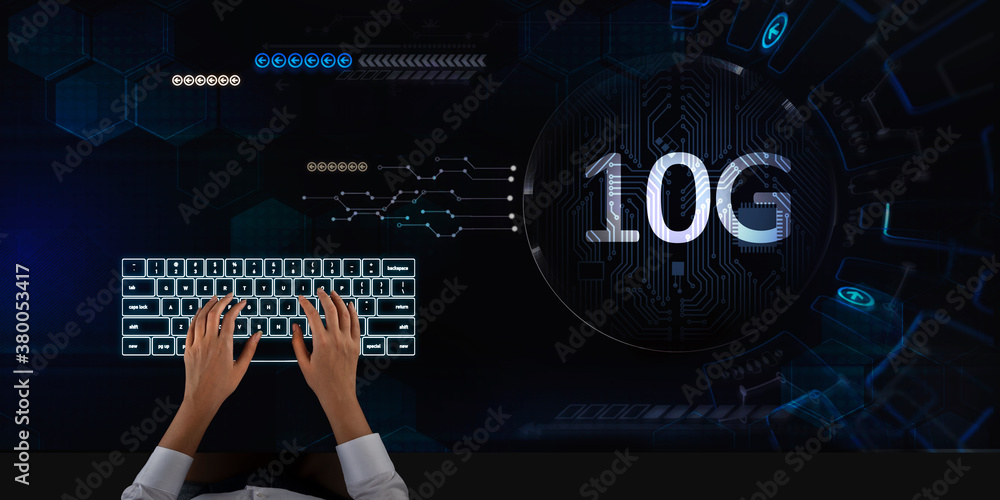 Naklejka premium Business woman working on 10G technology on touch screen