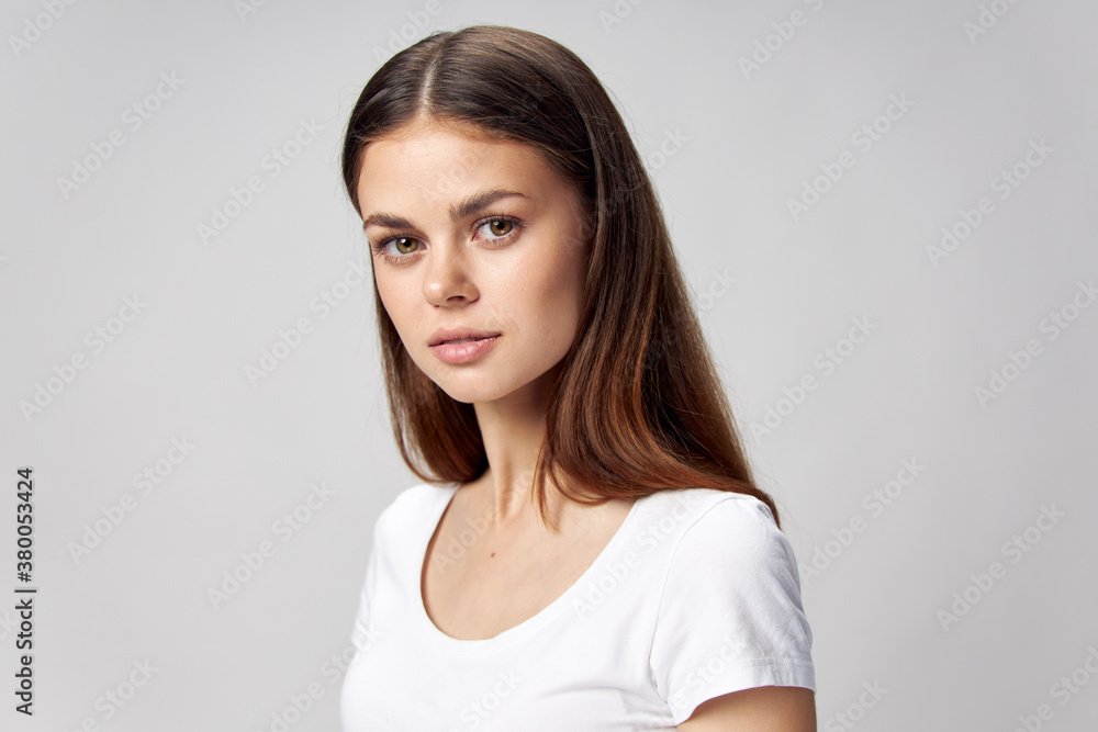 Nice woman look Forward white t-shirt cropped view Nice woman look Forward white t-shirt cropped view