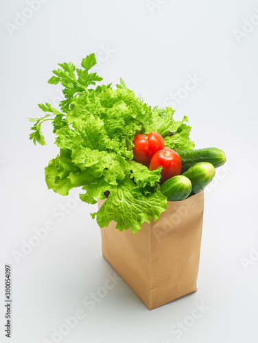 Healthy food. Fresh herbs and vegetables in kraft paper bag on white background