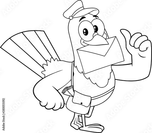 Black And White Pigeon Bird Cartoon Character Delivering Letter And Giving Thumbs Up. Vector Illustration Isolated On White Background