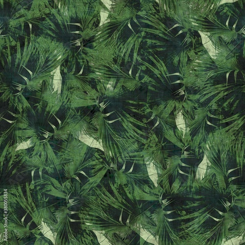 Green tropical palm tree leaves seamless pattern. High quality illustration. Vivid, detailed, and highly textured graphic design. Trendy jungle foliage for fabric or repeat surface design.