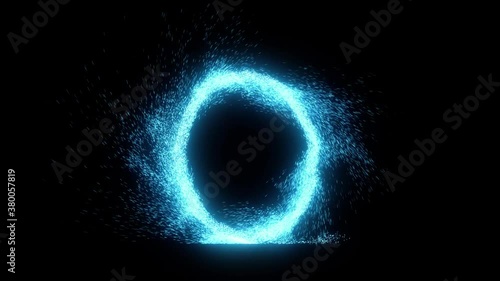 Abstract sparky magical opening and closing portal. Space-time portal to travel to another location. Set of three portal of blue, green and red on black background with alpha channel, 3D animation