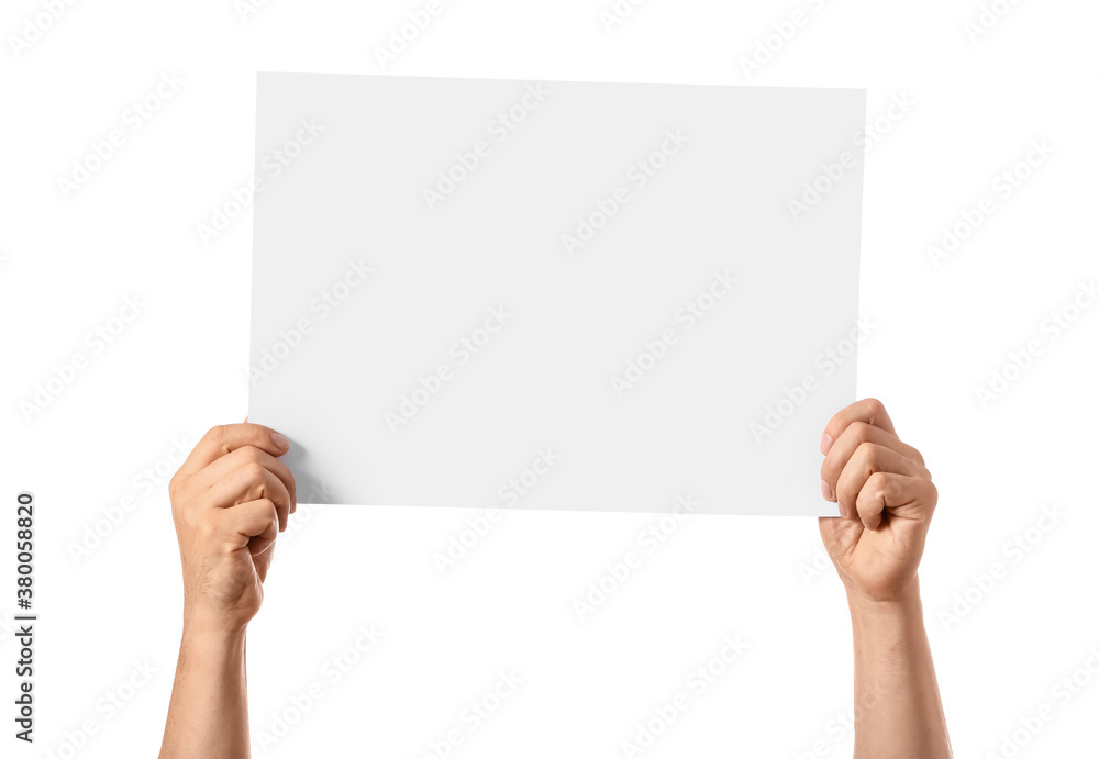 Male hands with blank paper on white background Male hands with blank paper on white background