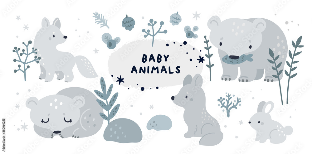 Baby animals and forest plants collection. Set with cute forest animals: bear, rabbit, wolf, arctic fox. Childish vector illustration isolated on white background Baby animals and forest plants collection. Set with cute forest animals: bear, rabbit, wolf, arctic fox. Childish vector illustration isolated on white background