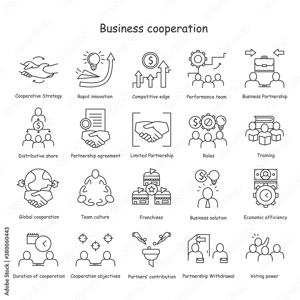 Business cooperation line icons set. Elements of business relationships. Business partnership. Teamwork. Business technologies and relations concept. Isolated vector illustrations. Editable stroke 