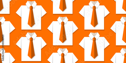Seamless pattern with white office shirts and orange ties on orange background. Origami paper effect. Vector illustration. Business  studying concept