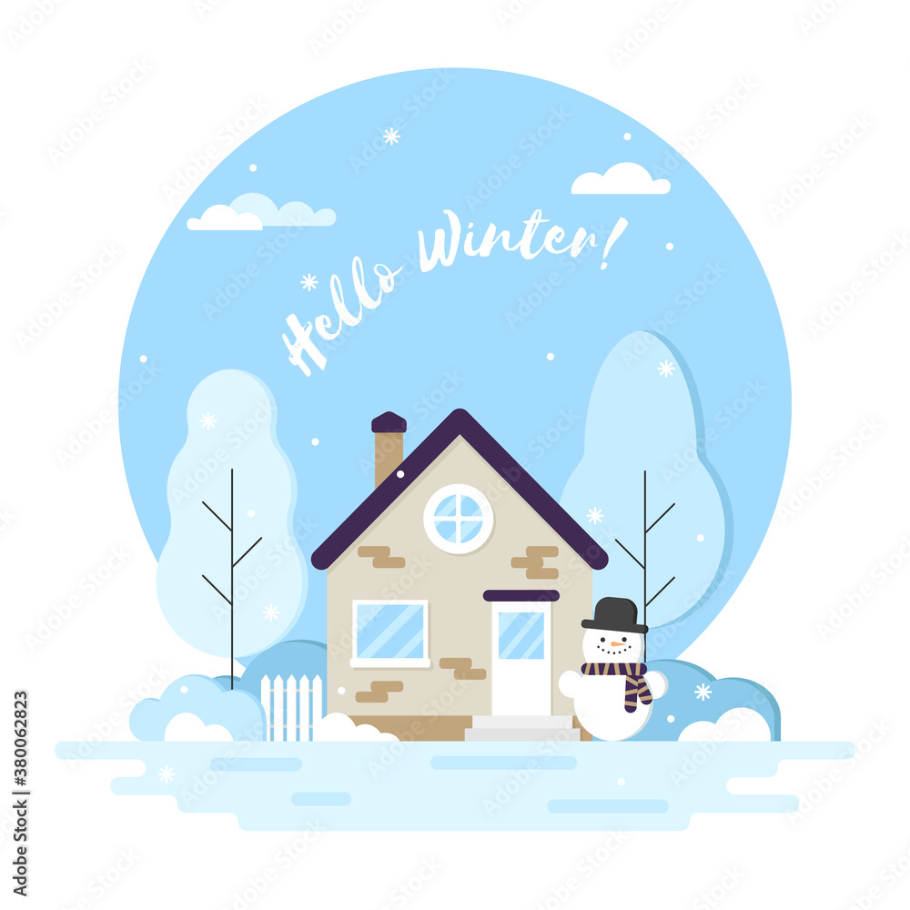 Hello winter. Picture of a house with trees and snowman, flat style illustration