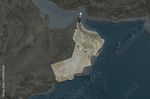 Oman borders. Neighbourhood desaturated. Satellite photo