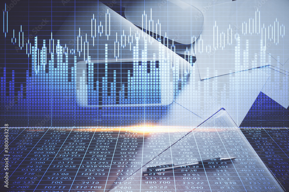 Multi exposure of forex graph hologram over desktop with phone. Top view. Mobile trade platform concept. Multi exposure of forex graph hologram over desktop with phone. Top view. Mobile trade platform concept.