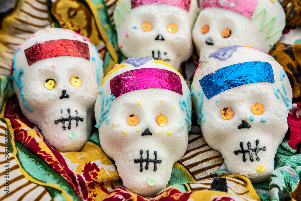 decorated sugar skulls for Day of the Dead celebration