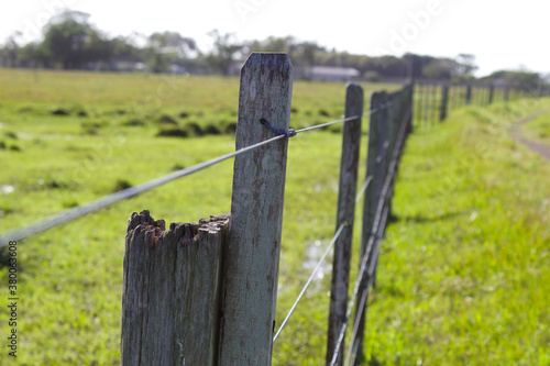 Wooden and wire fence on a farm in southern Brazil.