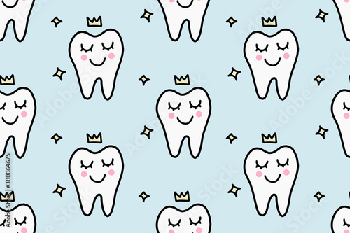 Cute cartoon tooth with a crown. Concept of care for the oral cavity, dentistry. Hand drawn doodle seamless pattern. For your fabric, textile design, wrapping paper or wallpaper.